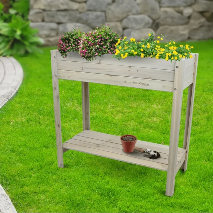Hochbeet Balkon Holz KLEO - Inkl. Vlies & Handschuhe | Pflanzkasten hoch Blumenkasten aus Tannenholz Kräuterbeet Wetterfest, Grauweiß – Bild 7
