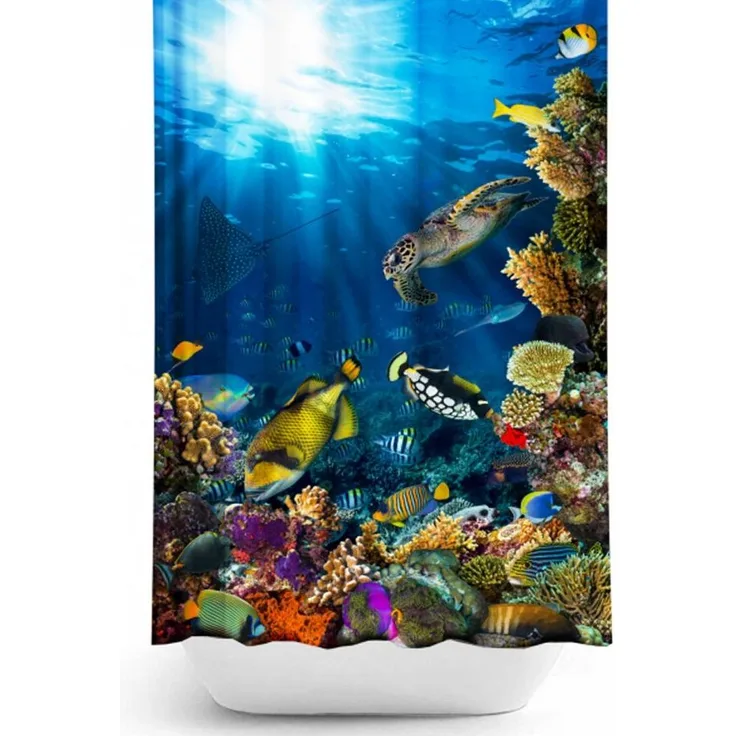 Ekershop Duschvorhang Textil Digitaldruck SEA LIFE AQUARIUM für Duschstange Breite 120 cm (inkl. Ringe), Höhe 200 cm, wasserabweisend, waschbar, bügelbar