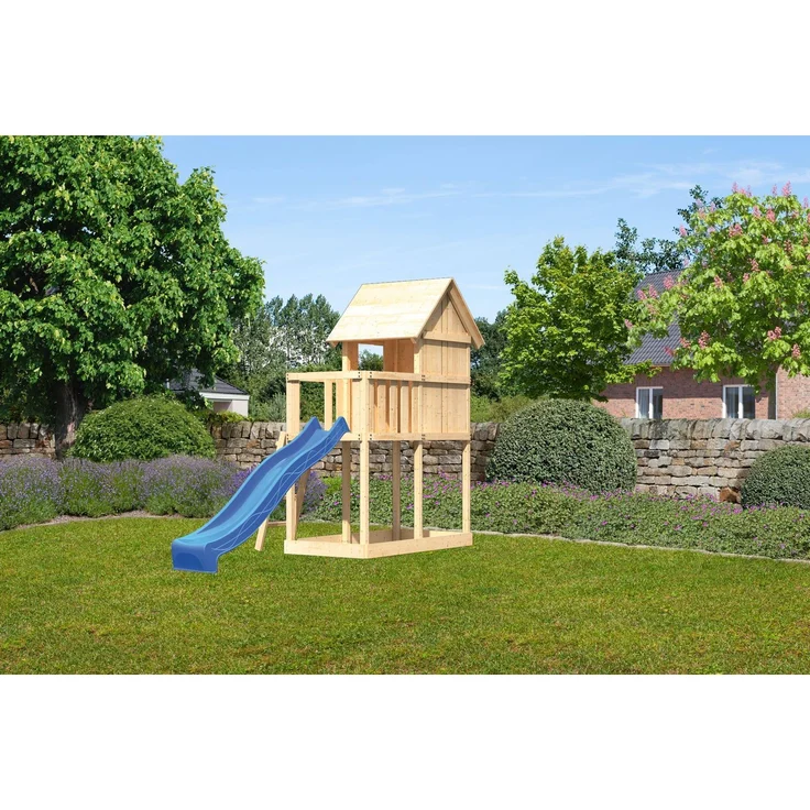 Karibu Kinderspielhaus Frieda Set Aktion2 naturbelassen mit Anbau und Rutsche blau – Bild 8