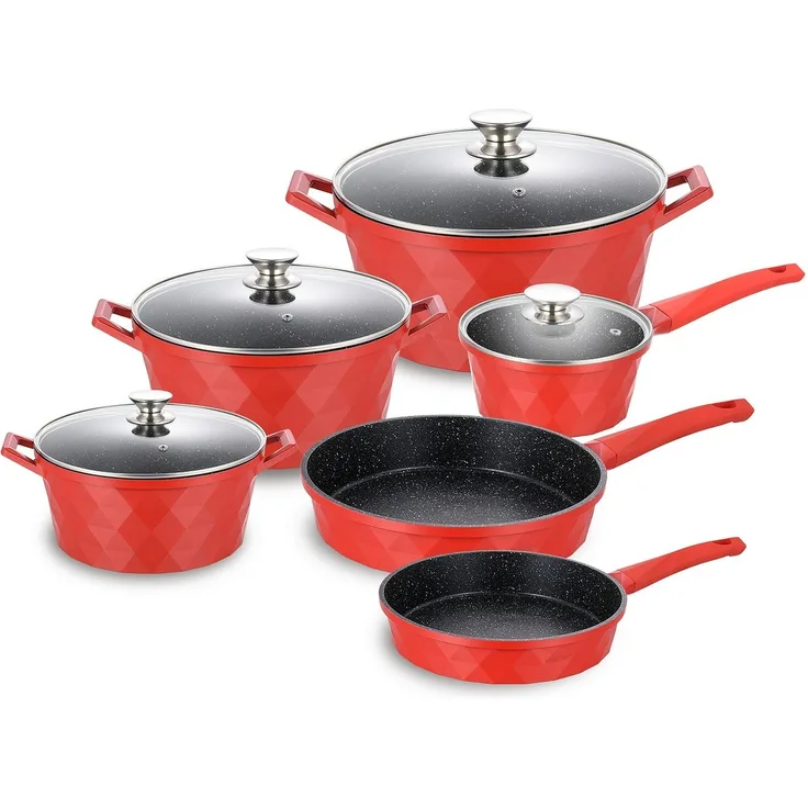 Topf Kochtopf Kasserolle Bratpfannen Set 12-tlg Cheffinger rot DIAC12