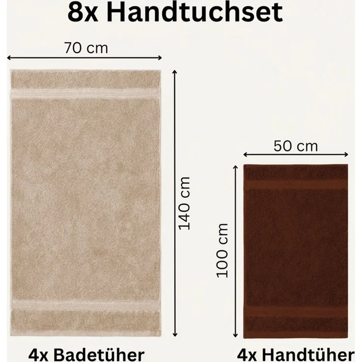 Komfortec 8er Handtuch Set aus 100% Baumwolle, 4 Badetücher 70x140 und 4 Handtücher 50x100 cm, Frottee, Weich, Towel Groß, Braun/Beige – Bild 3