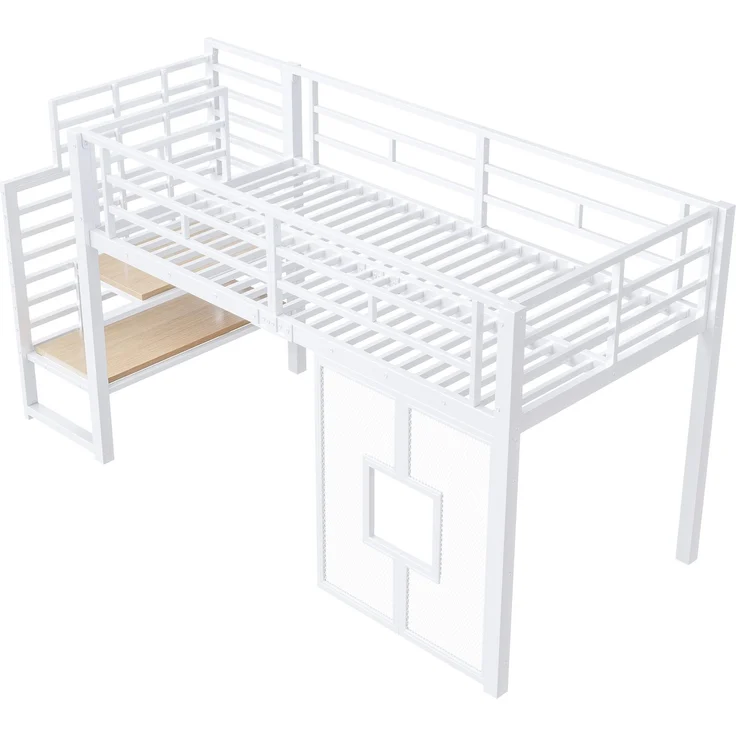 U-life Metall-Hochbett 90x200 cm mit Stauraumtreppe, LED-Beleuchtung und Fenster, Weiß – Bild 8