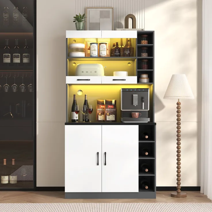100 x 47 x 187 cm, Küchenschrank, Buffet mit LED-Ambiente-Beleuchtung und Kabellöchern, Küchen-Highboard aus Holz, großer Platz für Mikrowelle, freistehend, höhenverstellbare seitliche Ablagefächer