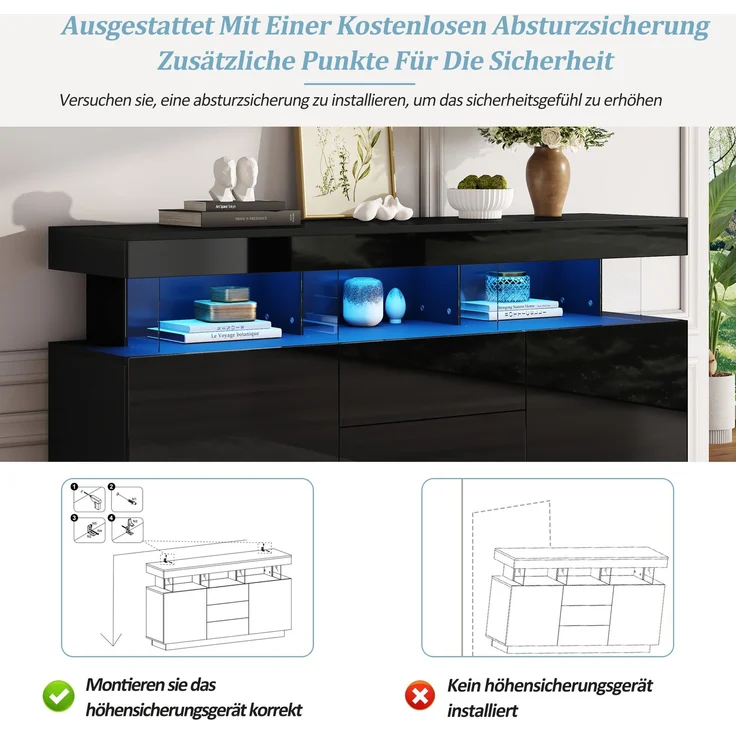 ZUBALIYA Sideboard 140x35x80 cm, mit LED-Beleuchtung, Hochglanz, aus Spanplatte, Schwarz – Bild 9