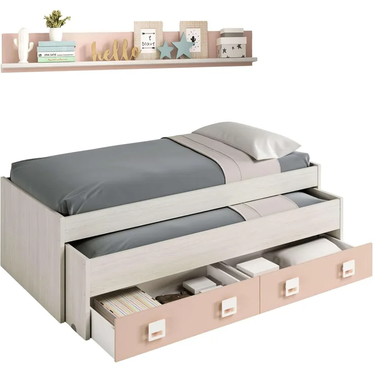 Dmora - Kinderbett Fairfield, Bettgestell für Schlafzimmer, Einzelbett mit ausziehbarem Bett, 199 x 96 x 65 cm, Weiß und Rosa