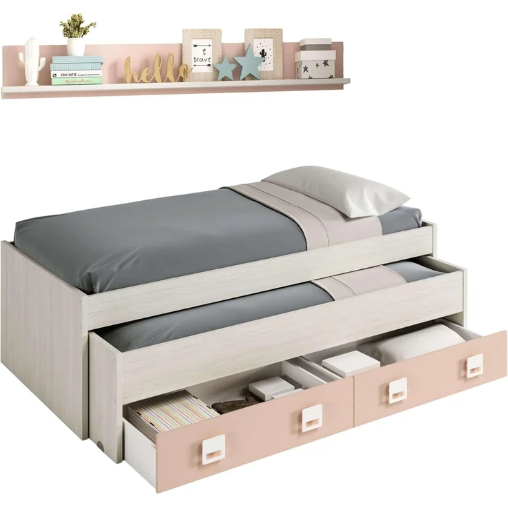 Dmora - Kinderbett Fairfield, Bettgestell für Schlafzimmer, Einzelbett mit ausziehbarem Bett, 199 x 96 x 65 cm, Weiß und Rosa