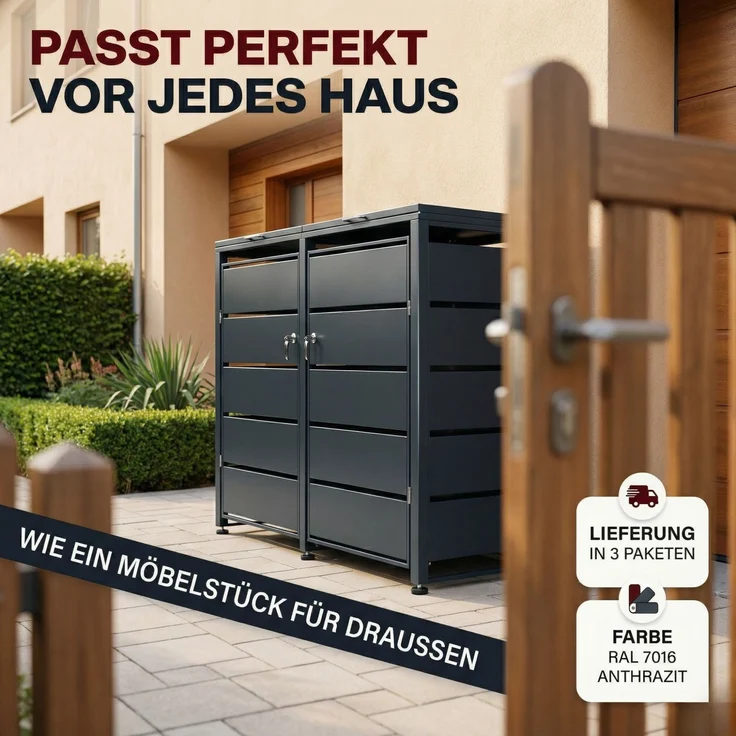 Albatros Mülltonnenbox 2er Tonne | bis 240 Liter | Anthrazitgrau RAL 7016 | verzinkter Stahl | Premium Dämpfer| Aufkleber-Set | wetterfest| verstellbare Füße| Türgriff mit Schloss | Gartenbox | entwickelt in Deutschland – Bild 6