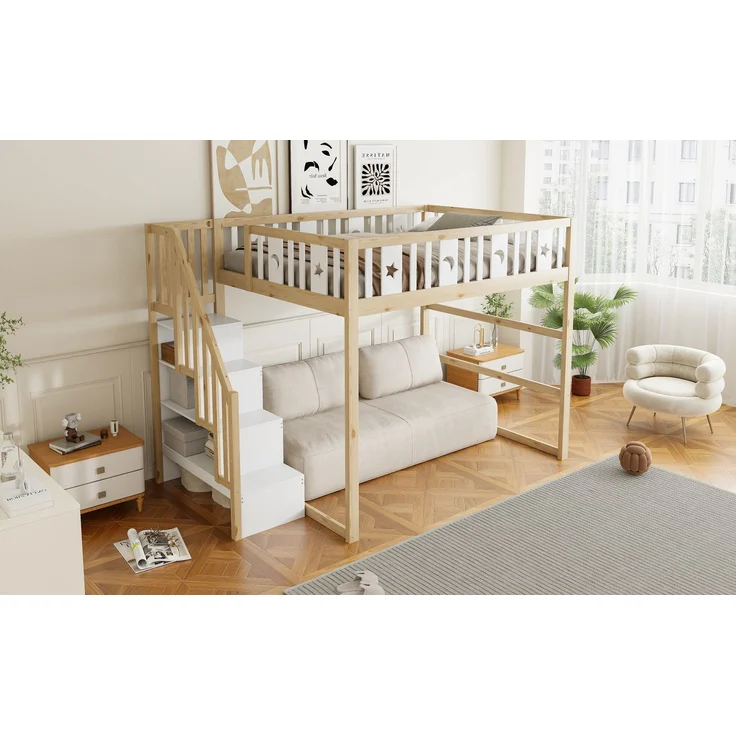 Merax Hochbett, Etagenbett für Kinder 140x200 mit Treppe, Kinderbett Aus Massivholz mit Sicherheitsgeländer, Weiß+Natur – Bild 6