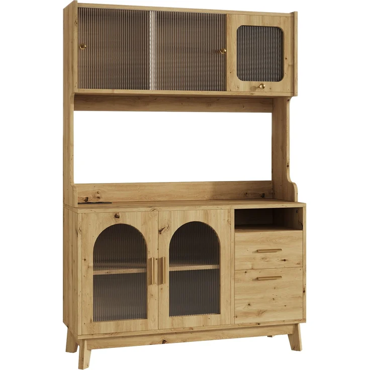 ZUBALIYA Buffetschrank 120 x 40 x 178 cm, mit Acrylglasfront, 2 Steckdosen, USB-A und USB-C, verstellbaren Einlegeböden, Holzfarben – Bild 11
