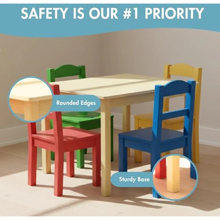 Humble Crew bunter Holztisch für Kinder, Natur/Primärfarben! Mit 4 Stühlen, ideal für Kinderzimmer. Fröhlichen Spielspaß schaffen – Bild 7