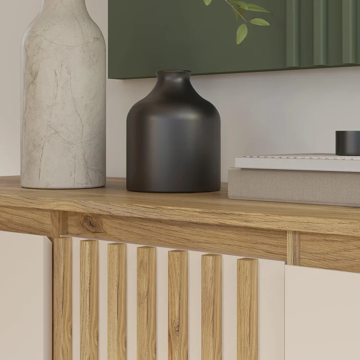 Forte ELISTON TV-Schrank 170 180, modernes Lowboard mit Lamellendesign, 4-türig, Wohnzimmer, Mauvella Eiche Holzdekor|Kashmir Beige, 174,3 cm breit x 56,1 cm hoch x 41,5 cm tief – Bild 8