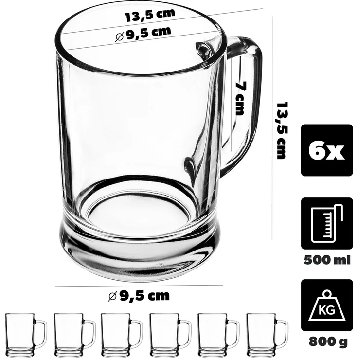 KADAX Bierkrüge 0,5 Liter, 6er Set, Biergläser mit Henkel, großer Bierkrug aus dickwandigem Glas, Bierglas im klassischen Design, stabiler Glaskrug für Bier – Bild 3