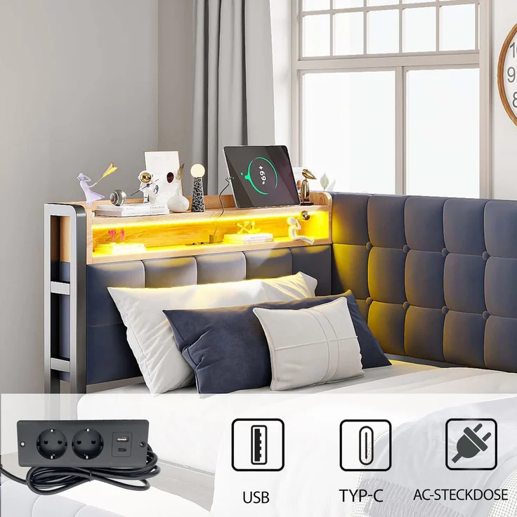 Schlafsofa mit 2 Schubladen, LED & USB-Anschluss, 90x200 cm, Grau, ohne Matratze – Bild 6