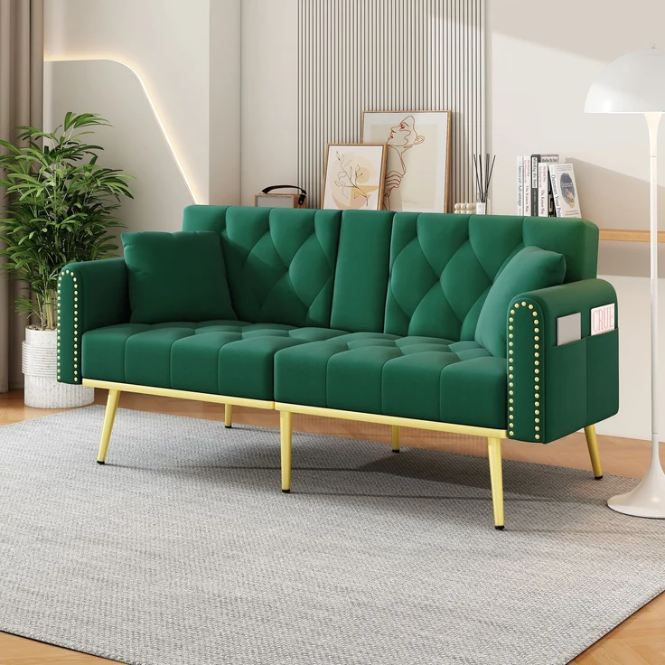 ZUBALIYA Schlafsofa 80x73.5 cm, mit LED - Beleuchtung, mit Stauraum, mit Samtbezug, mit breiten Armlehnen, Grün – Bild 3