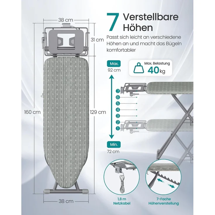 SONGMICS Bügelbrett mit Steckdose, für Dampfbügeleisen, Höhenverstellbar, Klappbar, 152 x 48 x 72-92 cm, Grau und Silber – Bild 4