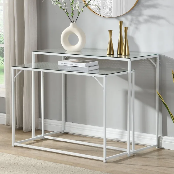 FINEBUY Konsolentisch FB72752 2er Set e Flurtische Metall Glasplatte Modern Industrial (Dekotische 2er Set Weiß Glas Metall Modern), Ablagetische Wohnzimmer, Glastische Platzsparend