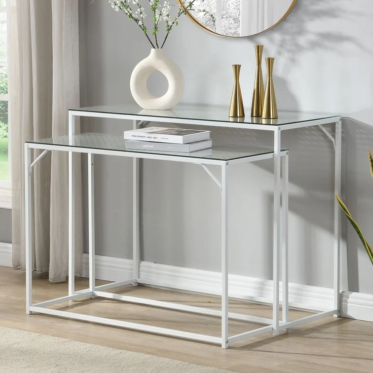 FINEBUY Konsolentisch FB72752 2er Set e Flurtische Metall Glasplatte Modern Industrial (Dekotische 2er Set Weiß Glas Metall Modern), Ablagetische Wohnzimmer, Glastische Platzsparend – Bild 1