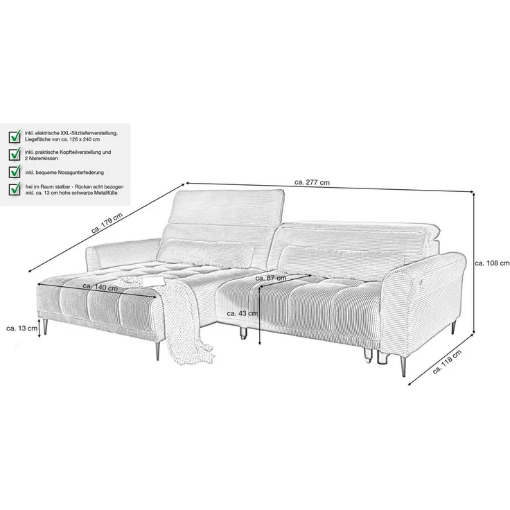 Massivart® Ecksofa LOGAN Cord grau, beige, grün, rost / 277 cm, Cordsofa / Sitztiefenverstellung / Kopfteilverstellung / Nosagfederung – Bild 2