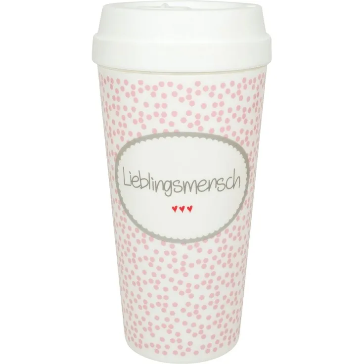 Süßer Coffee to go Becher „Lieblingsmensch“ – 350 ml, weiß mit rosa Punkten