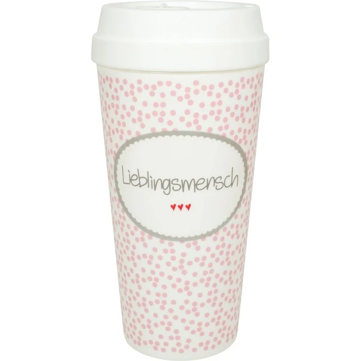 Süßer Coffee to go Becher „Lieblingsmensch“ – 350 ml, weiß mit rosa Punkten