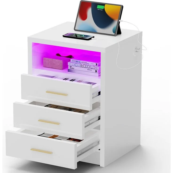 oyajia Nachttisch Nachtschrank mit 2/3 Schubladen, Beistelltisch mit Ladestation und LED (1-st RGB Nachttisch mit Schubladen und Ladestation), Nachttisch mit Schubladen, Einstellbare Farben, Type-C, USB-Anschlüsse