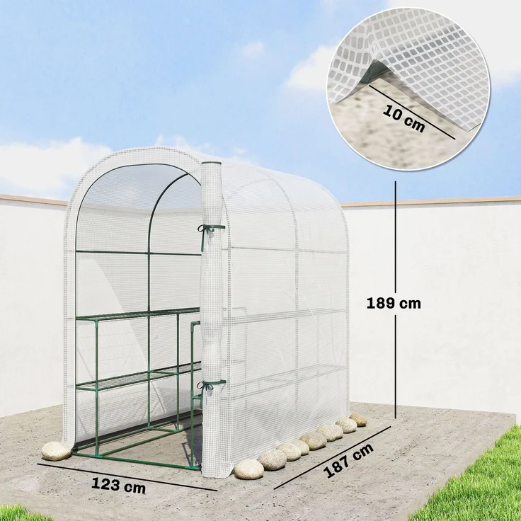 Wohnora-Gartengewächshaus mit Regalen, 123 x 187 x 189 cm, kleines Gewächshaus mit Rolltür, hochdichte PE-Folie (140 g/m²), weiß,H 1890cm x T 1070cm x B 1230cm – Bild 4