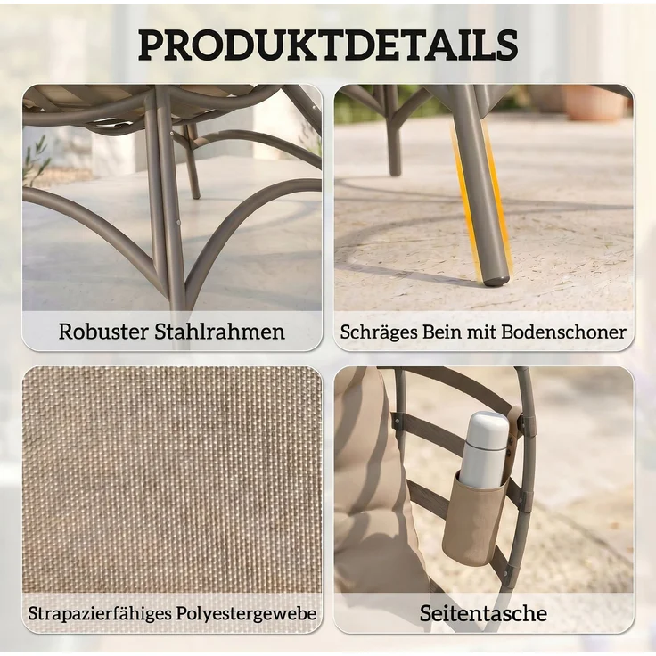Papasansessel Gartenstuhl Korb-Stuhl mit Kissen oval Loungesessel Korb faltbar 118 x 77 x 139 cm--Sand--139x77x118cm--YOUDENOVA – Bild 6