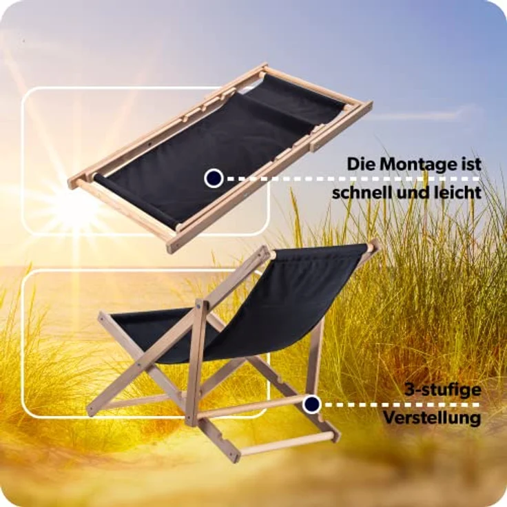 Kadax Holzliegestuhl, Schwarz, klappbare Gartenliege aus Buchenholz, 53x78 cm, bis 120 kg tragbar – Bild 8