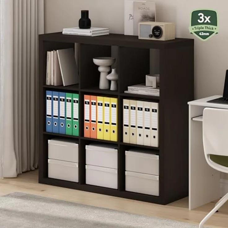Furinno Cubicle Bücherregal, 9-Fächer Würfelregal, dreifach verstärkter Rahmen, 38,8 x 111 x 110,1 cm, für Wohnzimmer, Schlafzimmer, Heimbüro, Schwarzes Dunkles Eichen – Bild 2