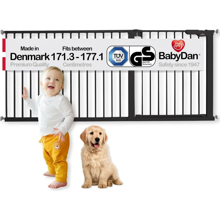 BabyDan Premier, Extra breit Ohne bohren Treppenschutzgitter, 171,3-177,1 cm, Babygitter/Sicherheitsgitter, Metall, Schwarz, Hergestellt in Dänemark - (Haustiergitter/Hundegitter)