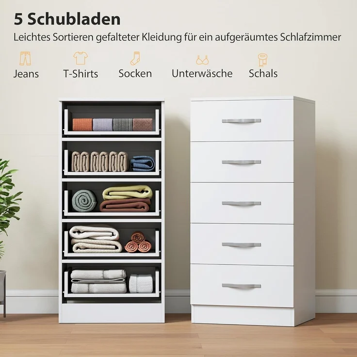 HOMCOM Kommode mit 5 Schubladen, für Kleidung und Utensilien (Schubladenschrank, 1 St, Sideboard), für Wohnzimmer, Schlafzimmer, Weiß – Bild 4