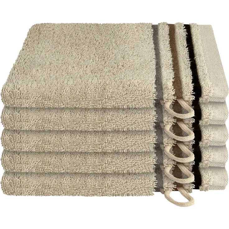 Schiesser Waschhandschuh Skyline, 5er Set, Violett, mit Webbordüre, 100% Baumwolle Beige