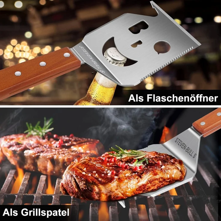 Steven-bull 7-in-1 Grillspachtel, Edelstahl silber / Holzgriff, 43 cm – Bild 3