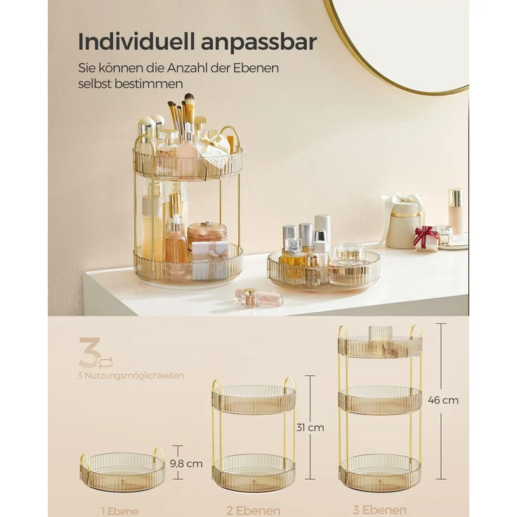 SONGMICS Make-up Organizer drehbar, Kosmetik-Organizer rund, 3 Ebenen, Kosmetik Aufbewahrung, anpassbar, für Schminktisch, Geschenkidee, champagnergold JKADE011A01 – Bild 4