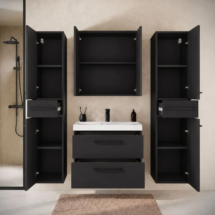 Badplaats Badmöbel Komplettset Florence XL 60 x 35 cm Schwarz Mat - Badezimmermöbel mit Waschbecken, Spiegelschrank und 2 Hochschränke – Bild 4