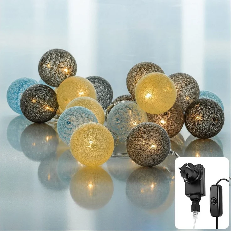 COZY HOME LED-Lichterkette Cotton Balls - Strombetrieben, 20 LED I 6m I Warmweiße LED-Cotton Ball I Hausbett Bunt Deko – Bild 1