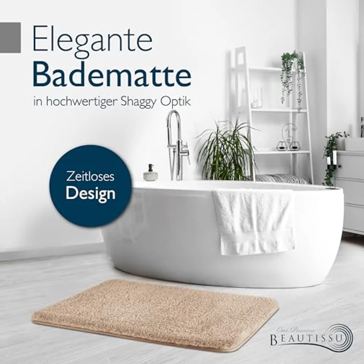 Beautissu Badematte BeauMare FL, rutschfester Hochflor Badteppich in Natur, 60x50 cm, 30 mm Höhe, waschbar, Shaggy Optik – Bild 2