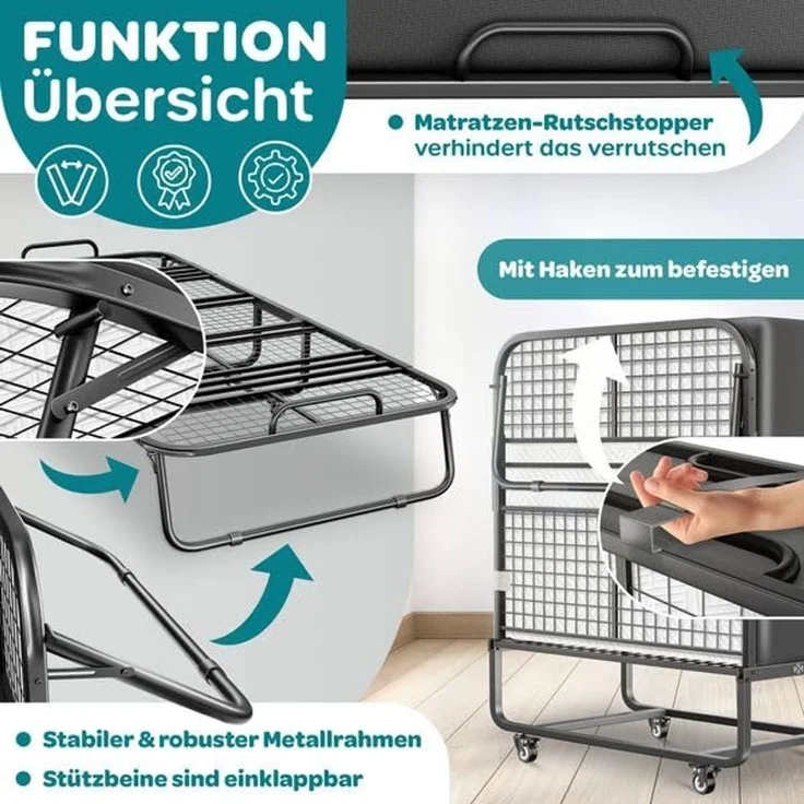 KESSER® Klappbett 200x90cm Gästebett inkl. Matratze aus Memory-Schaum & Rollen | faltbares Reisebett mit Metallrahmen für Erwachsene belastbar bis 250kg | Metallbett mit Schaumstoffmatratze & Cover Anthrazit / Weiß, Deluxe Plus – Bild 6