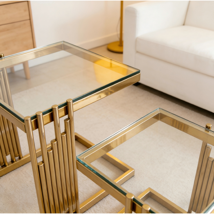 Beistelltisch-Set 41 x 41 x 46 cm in Gold und Klar mit Glasplatte und Edelstahlgestell – Bild 10