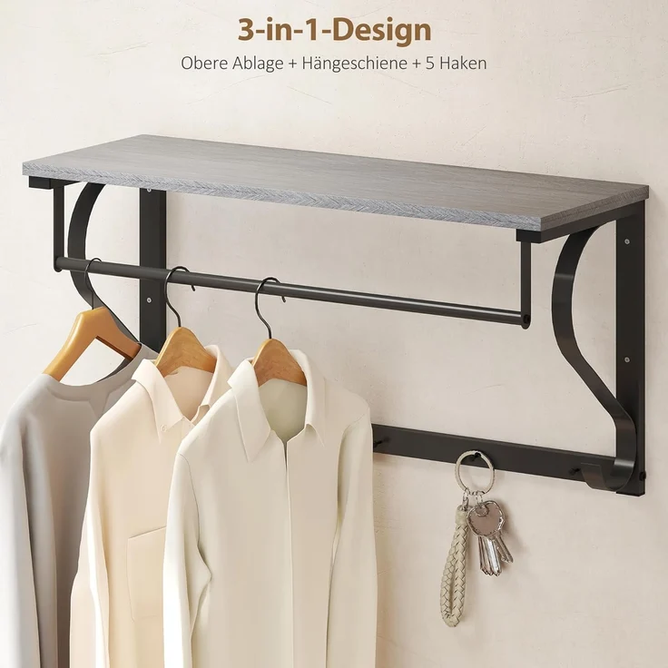 HOMCOM Garderobenleiste mit Ablage, 5 Haken und Stange (Wandgarderobe, 1 St, Wandregal), für Flur, Wohnzimmer, Schlafzimmer, Badezimmer Grau – Bild 4