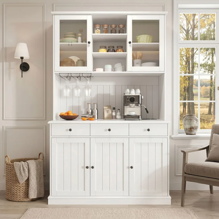 Buffetschränke, Esszimmer-Hochschrank 120×40×191 cm, mit Glastüren, Gläserhalter, mehrstufigem Stauraum, integrierter Steckdose sowie USB-C- und USB-A-Anschlüssen, Weiße und schwarze Griffe--Weiß--120x40x191cm--YOUDENOVA – Bild 5