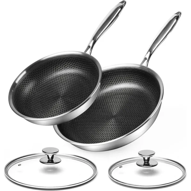 24/28cm Bratpfannen-Set Edelstahl Antihaft Deckel Induktion & Backofenfest
