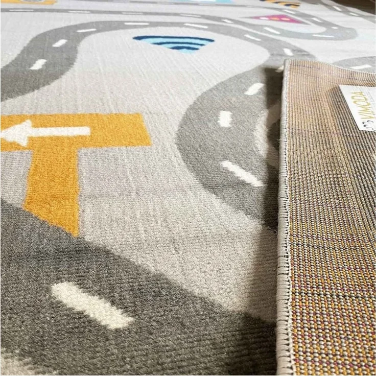Vimoda Kinderteppich Mondol, Teppich Kinderzimmer mit Auto, Strasse Muster, Rechteckig, Höhe: 8 mm, Spielteppich für kinder, Auto und Straße Muster in Blau & Grau – Bild 3