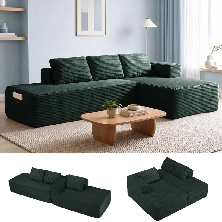 COMHOMA Ecksofa mit Schlaffunktion, 228cm Corduroy Modulares Boneless Couch mit Chaiselongue & Rücken-Metallgestell, L-Form Schlafsofa mit offenem Design, Kissen & Seitentaschen,für Wohnzimmer, Grün-L – Bild 7