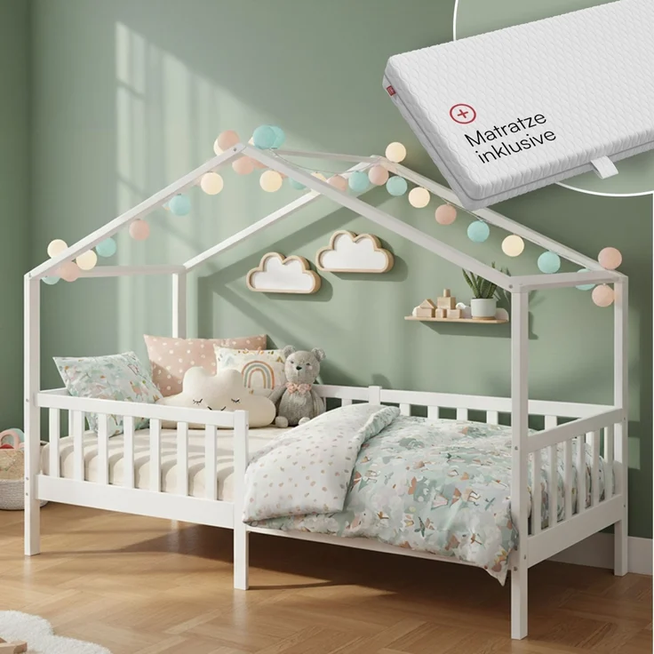 Bellabino 'Bia' Hausbett 80x160 cm mit Matratze, weiß, Kiefer Massivholz, Montessori Kinderbett mit Rausfallschutz und Lattenrost – Bild 1