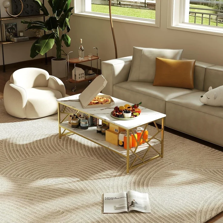 Wohnzimmertisch Weiß Marmor Couchtisch mit Stauraum Gold Tisch – Bild 2