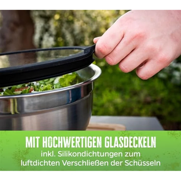 Grillfürst Servierschale Grillfürst BBQ Edelstahlschüssel Set mit Glasdeckel – Bild 5