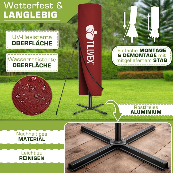 tillvex Alu Ampelschirm Rot LED Solar Ø 350 cm mit Kurbel | Sonnenschirm mit An-/Ausschalter | Gartenschirm UV-Schutz Aluminium | Kurbelschirm mit Ständer Marktschirm wasserdicht – Bild 4