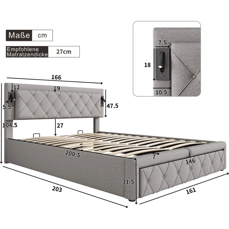 Polsterbett mit LED-Beleuchtung und Lattenrost, Kopfteil mit Spots, Type-C und USB Anschlüssen, 160x200 cm, gepolsterter Kopfteil, Doppelbett, Stauraumbett, Leinen – Bild 7
