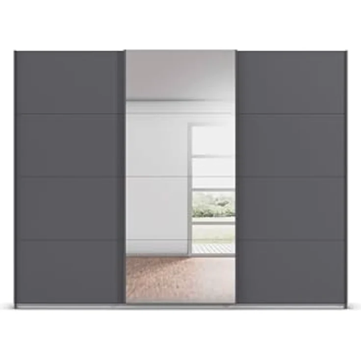 Rauch Möbel Kulmbach, Kleiderschrank mit Schwebetüren für Schlafzimmer, Kinderzimmer, Flur, 3-türig, mit Spiegel und Soft-Close-Funktion, Zubehör Premium, Farbe Grau metallic, Schwarz, Breite 271 cm – Bild 9